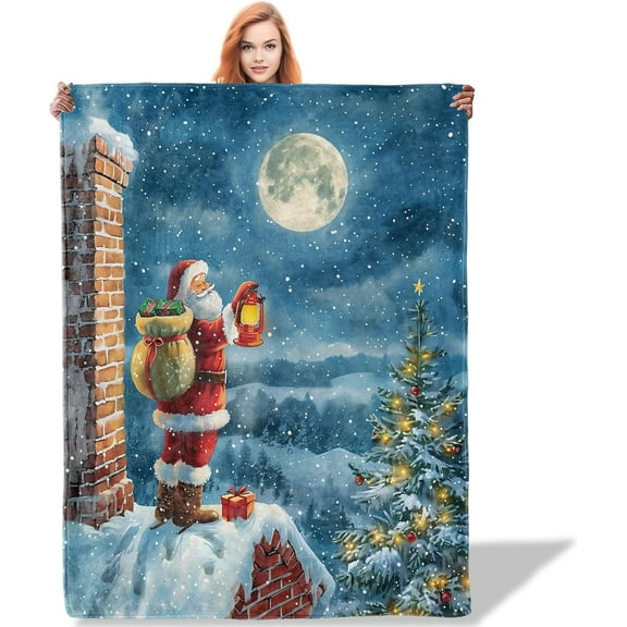 Santa on Roof Throw Blanket 60x80 Inch, Christmas Blankets for Holiday Home Decor, Warm Flannel Polyester Gift for Winter Celebrations