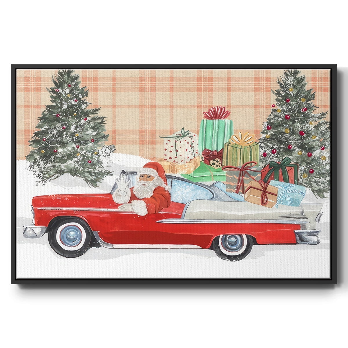 Santa on Wheels Collection A - Framed Gallery Wrapped Holiday Canvas - 17 x 25 - Black Frame