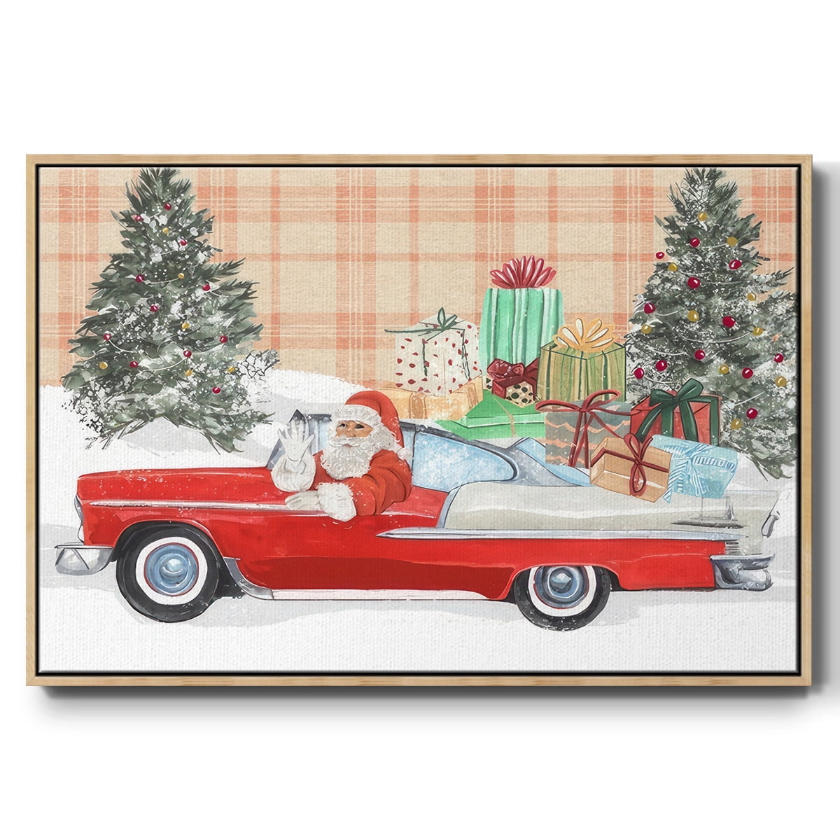 Santa on Wheels Collection A - Framed Gallery Wrapped Holiday Canvas - 17 x 25 - Natural Wood Frame