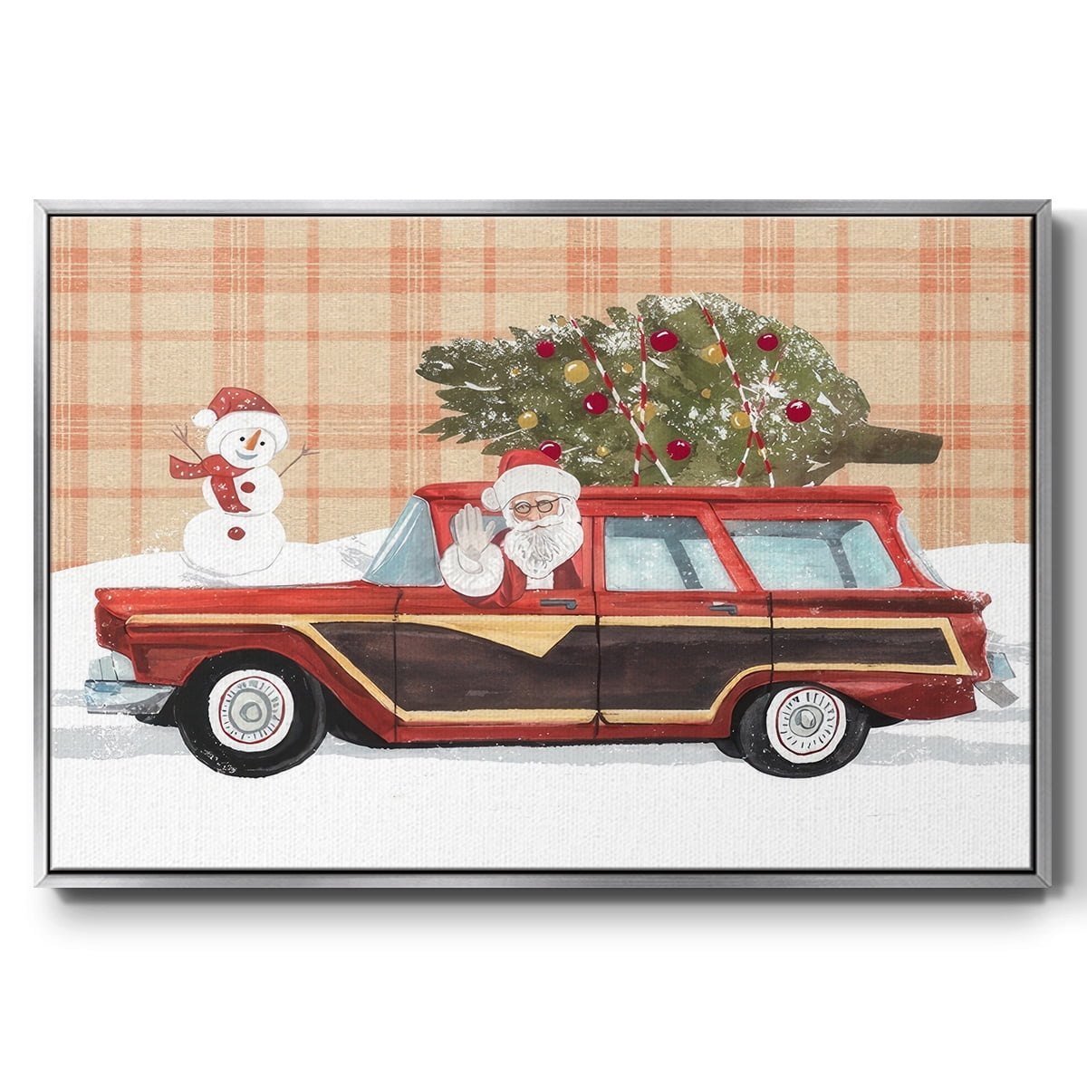 Santa on Wheels I - Framed Gallery Wrapped Holiday Canvas - 25 x 37 - Silver Frame