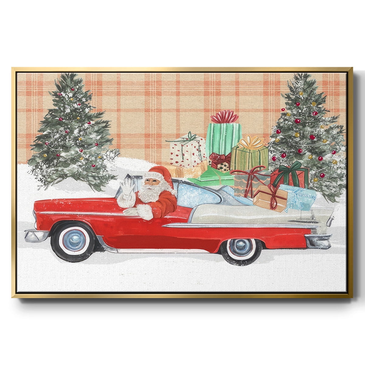 Santa on Wheels II - Framed Gallery Wrapped Holiday Canvas - 17 x 25 - Gold Frame