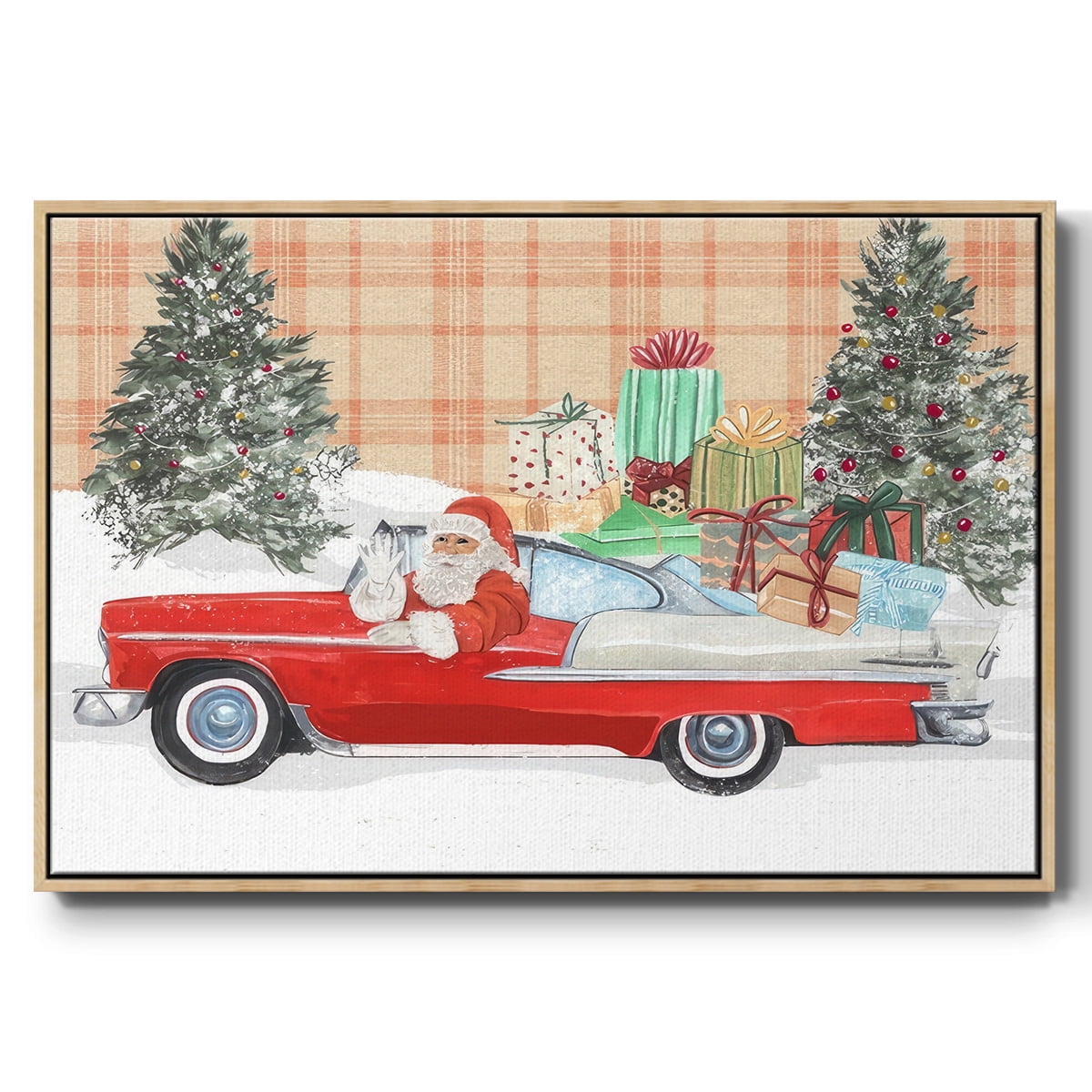 Santa on Wheels II - Framed Gallery Wrapped Holiday Canvas - 17 x 25 - Natural Wood Frame