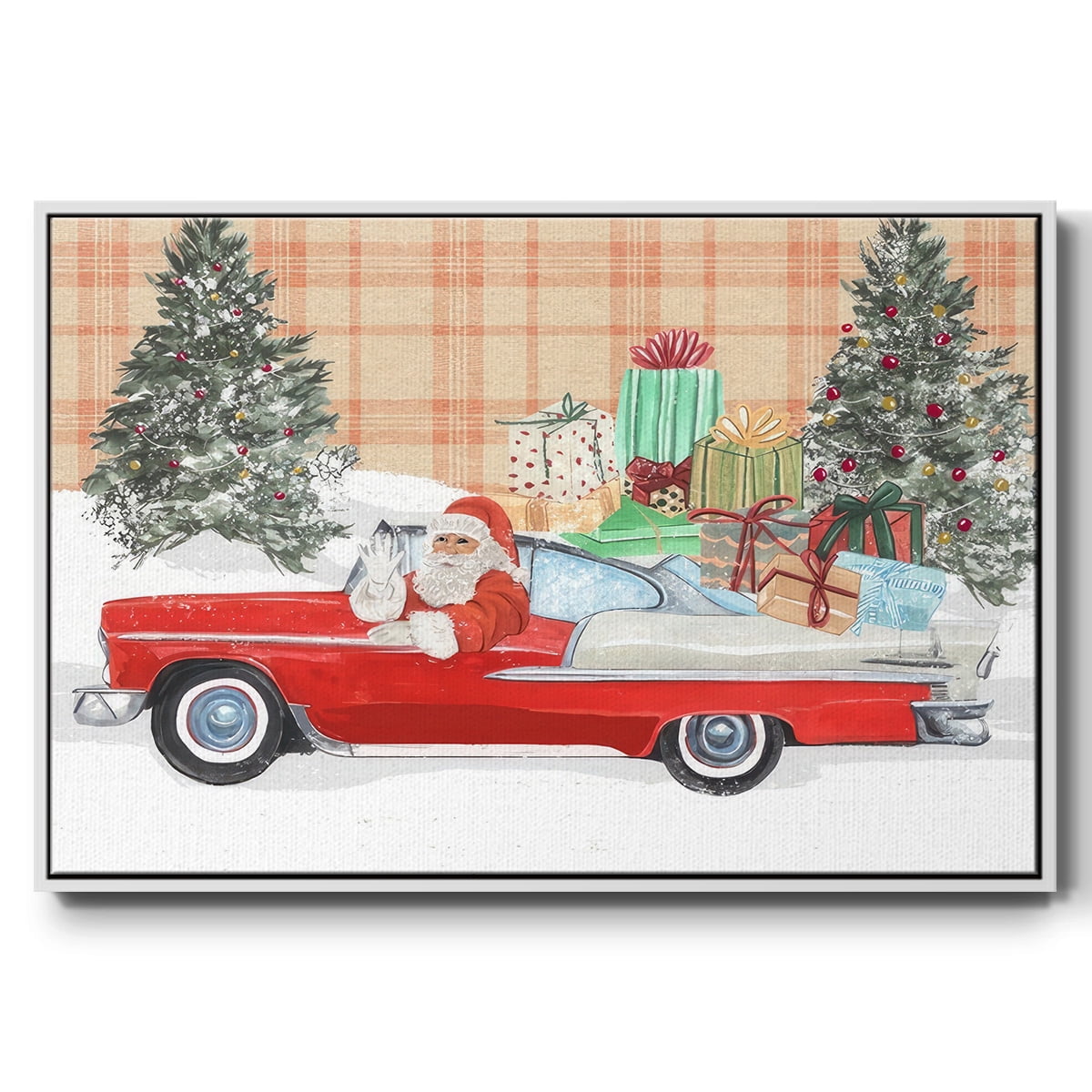 Santa on Wheels II - Framed Gallery Wrapped Holiday Canvas - 27 x 41 - White Frame