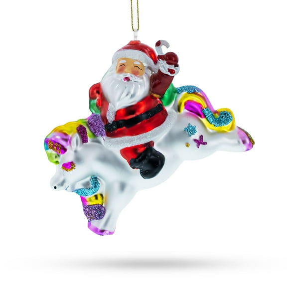 Santa Riding Rainbow Unicorn Glass Christmas Ornament