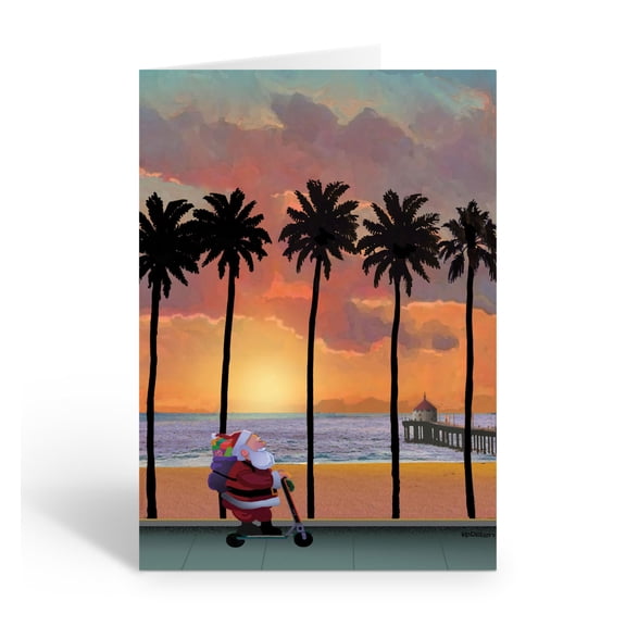 Santa on the Boardwalk During a Beautiful Sunset - 18 Cards and Envelopes - 3009