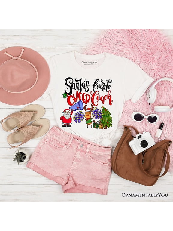 Santa’s Favorite Cheer Coach Christmas T-Shirt, Festive Cheerleading Tee