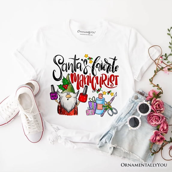 Santa’s Favorite Manicurist Nail Studio T-Shirt, Stylish Holiday Tee for Beauty Technicians
