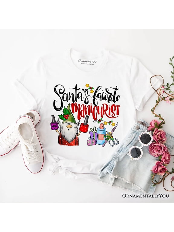 Santa’s Favorite Manicurist Nail Studio T-Shirt, Stylish Holiday Tee for Beauty Technicians