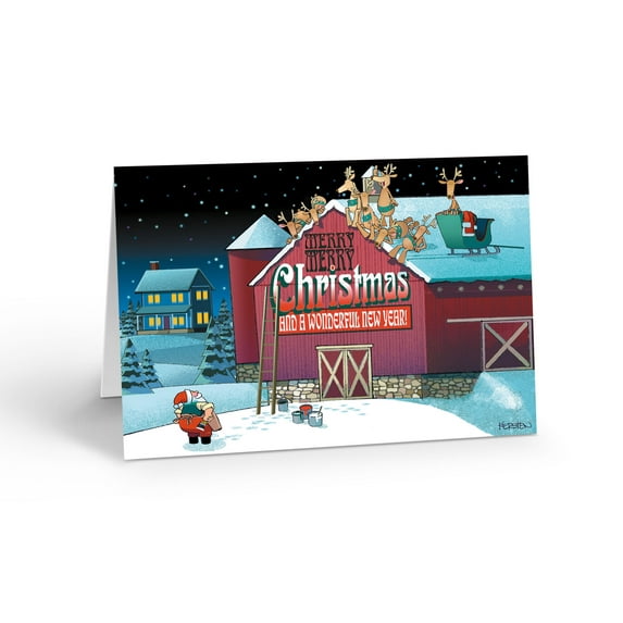 Santa's Barn Holiday Cards - 18 Cute Christmas Cards & Envelopes - 20147