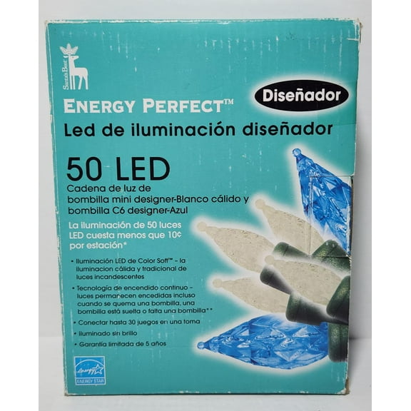 Santa's Best 50 LED Warm White & Blue Designer C6 Faceted Christmas Energy Perfect String Lights