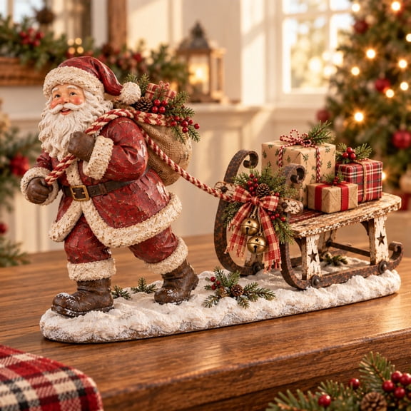 Santa's Christmas Sleigh Farmhouse Table Decor, Rustic Santa Pulling Gift Sleigh Figurine with Evergreen and Berry Accents for Mantel, Shelf, Console and Holiday Centerpiece
