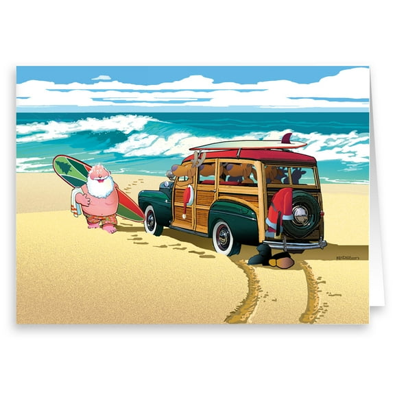Santa's Classic Woody Beach Card - Funny Holiday Christmas Cards - 18 Cards and
