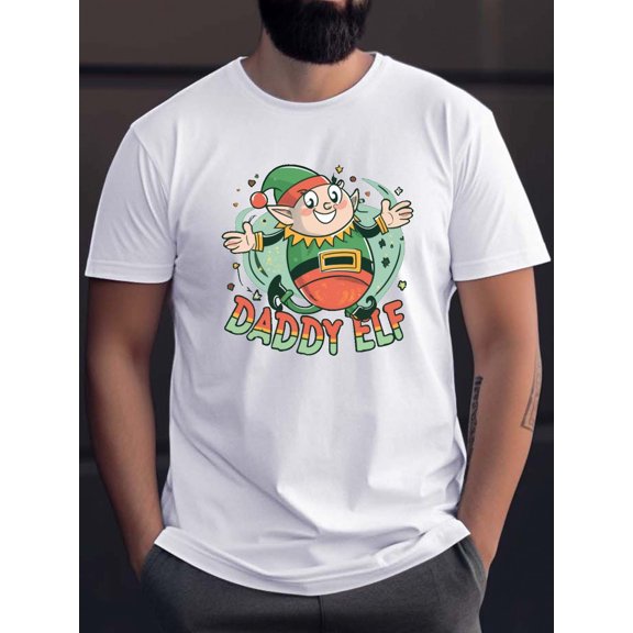 Santa‘s Elf Daddy Elf Cartoon Christmas Print Casual Short Sleeve Crew Neck T-Shirt, Breathable Summer Top for Men