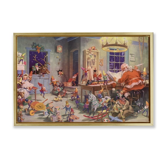 Stupell Industries Santa's Elves Antique Scene Gold Framed Floater Canvas Wall Art, design by Vintage Hustle
