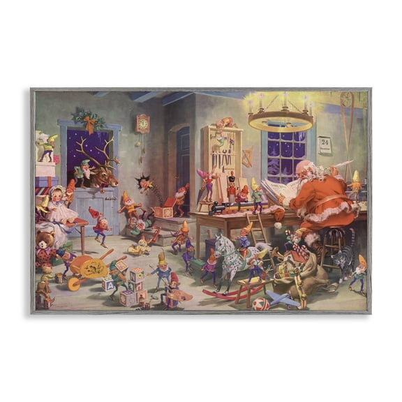 Stupell Industries Santa's Elves Antique Scene Gray Framed Giclee Art, design by Vintage Hustle