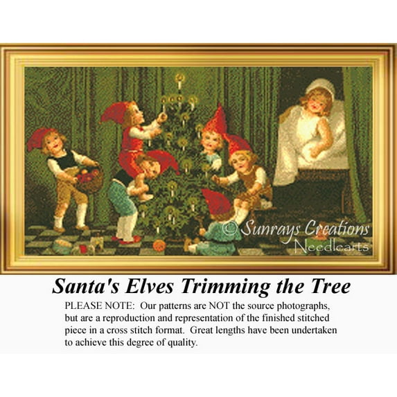 Santa's Elves Trimming the Tree, Vintage Counted Cross Stitch Pattern (Pattern Only, You Provide the Floss and Fabric)