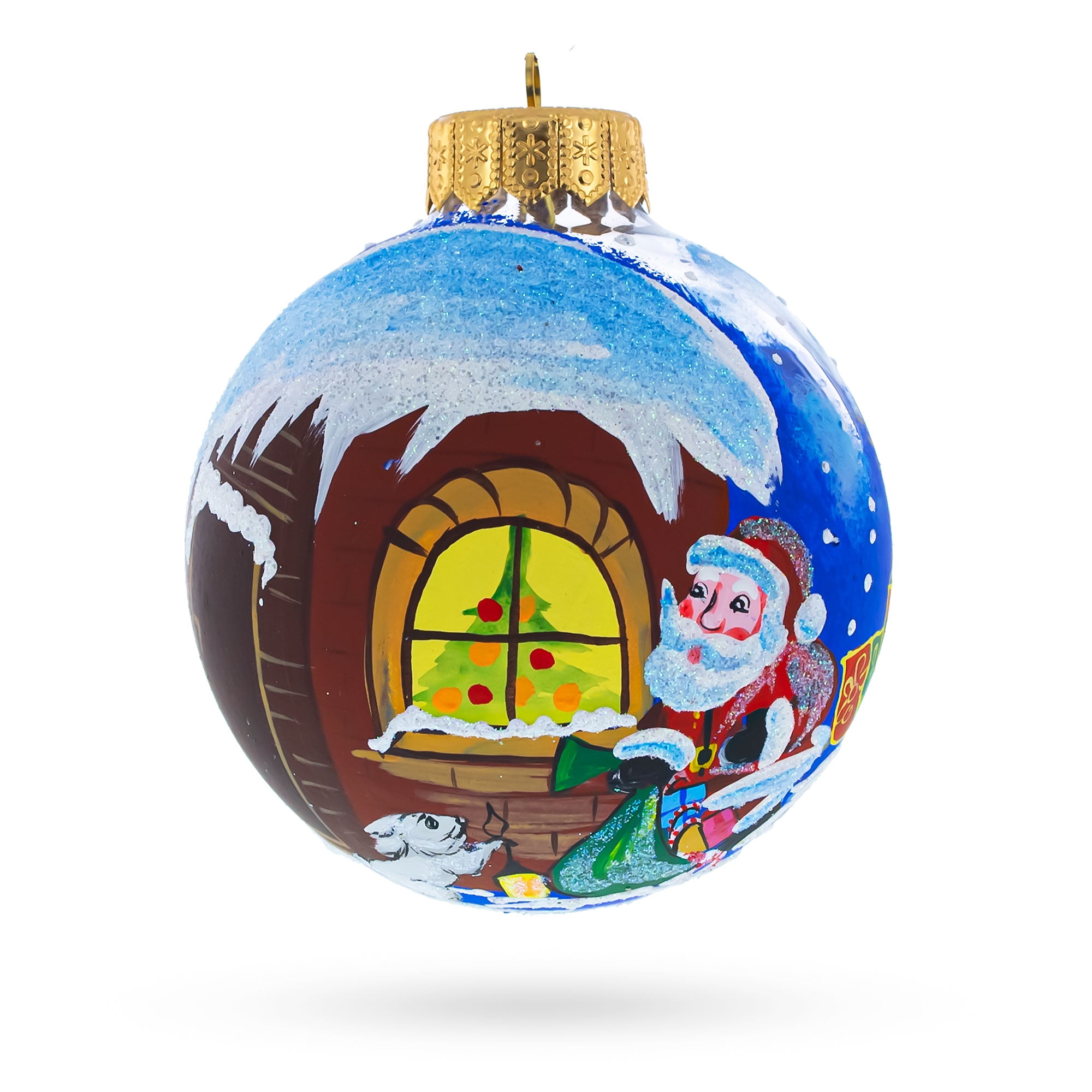 Santa's Enchanting Christmas Night with Reindeer and Gifts - Blown Glass Ball Christmas Ornament 