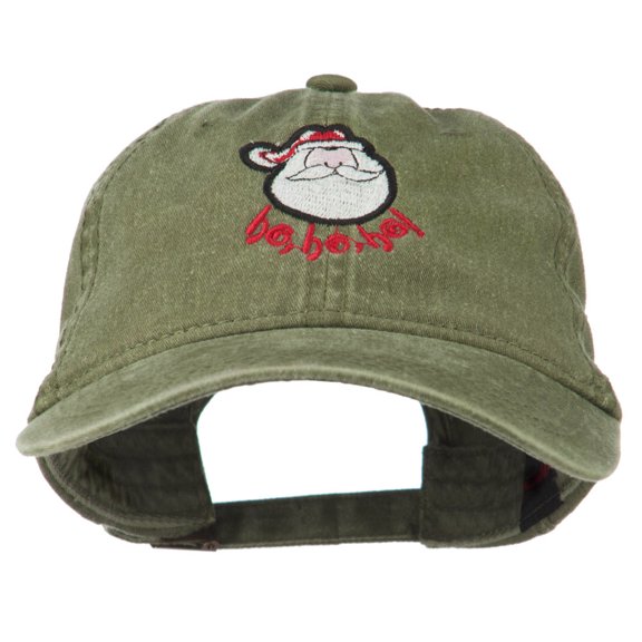 Santa's Face Ho Ho Ho Embroidered Washed Dyed Cap - Olive Green OSFM