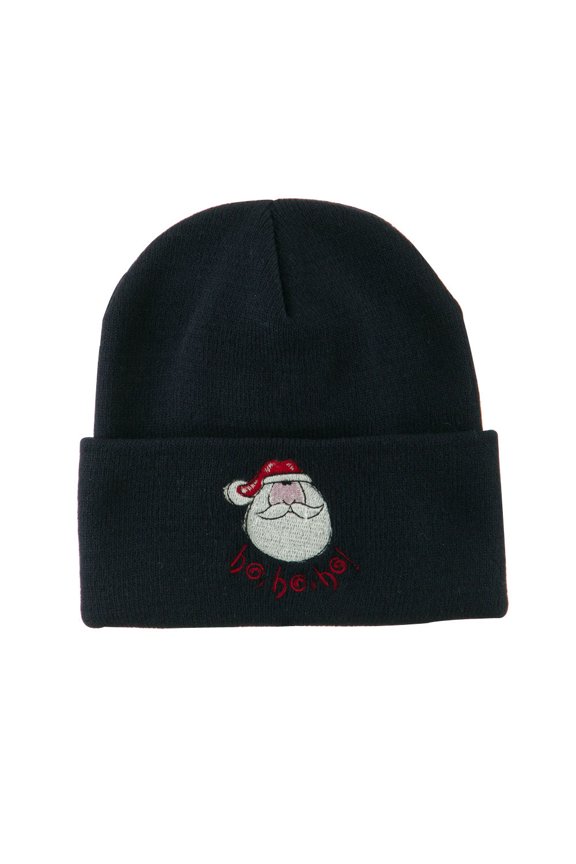Santa's Face with Ho Ho Ho Embroidered Beanie - Navy OSFM