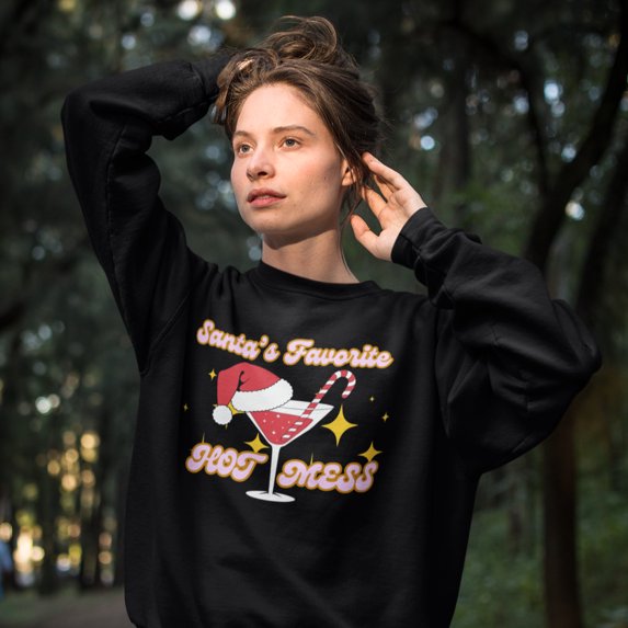 Santa's Favorite Hot Mess Christmas Sweater Martini Glitter Sweatshirt 3 Colors
