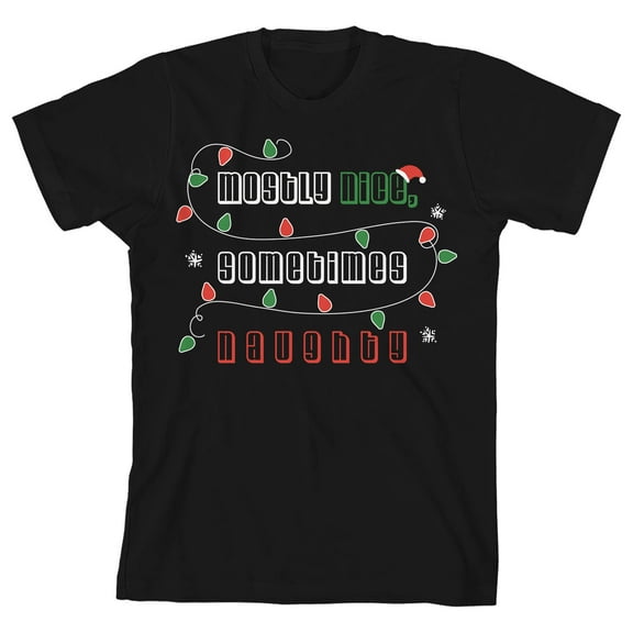 Santa's Favorite Mostly Nice Sometimes Naughty String Lights Youth Black Short Sleeve Crew Neck Tee-2T