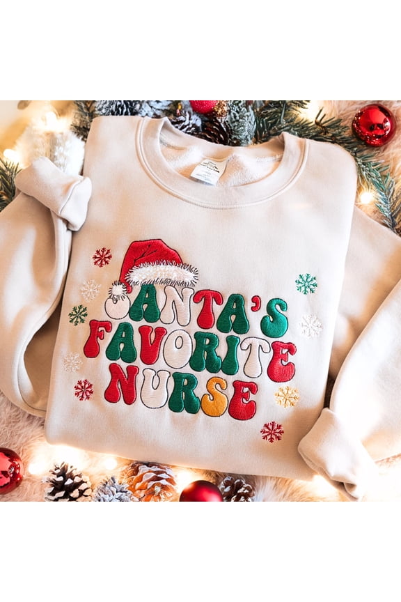 Santa's Favorite Nurse Embroidered Sweatshirt, Christmas RN Embroidery Shirt, Nursing Tee, Nurse Xmas Sweater, Nurse Holiday Gifts