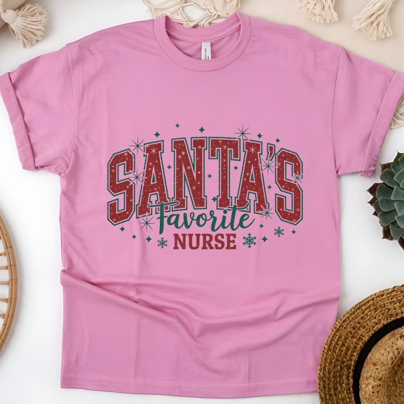 Santa’s Favorite Nurse T-Shirt for Women, Funny Graphic Tee, Azalea, Size 2XL