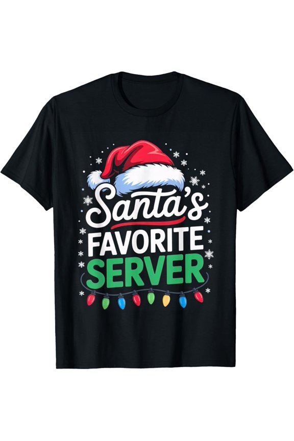 Santa's Favorite Server Funny Christmas Santa Hat Lights Adult T-shirt