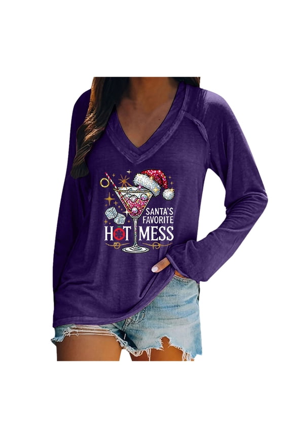 Santa's Favorite Shirt Funny Santa Shirt Lightweight V Neck T Shirts Women Xmas Work Out Shirt Long Sleeve Womens Loose Tops Casual Loose T Shirts Shirts for Summer Women Womens Long Sleeve T Shirts