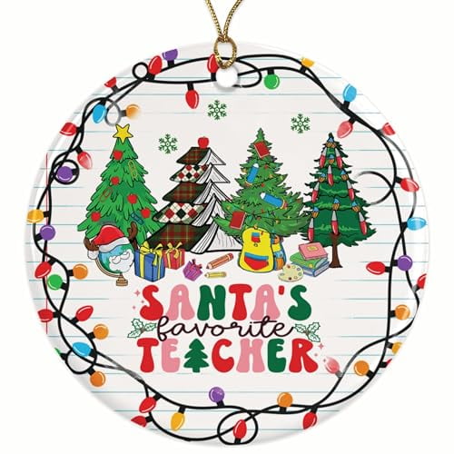 Santa's Favorite Teacher Christmas Ornament - Teacher Teaching - 2.8" Round - Premium Glossy Ceramic with UV Printed Design - Gold String Included - Perfect Holiday D?cor - BMCO0090