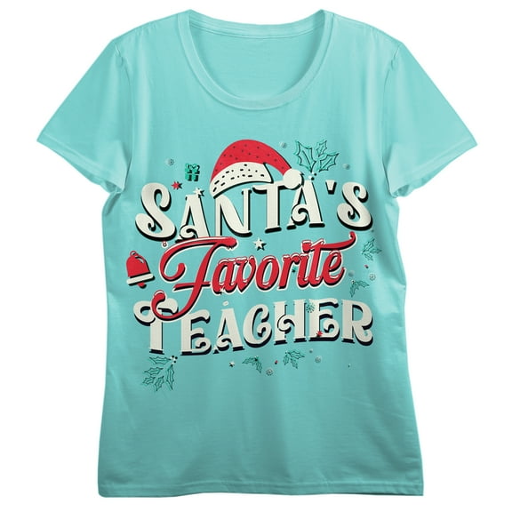 Santa's Favorite Teacher Women's Teal Short Sleeve Tee-Large