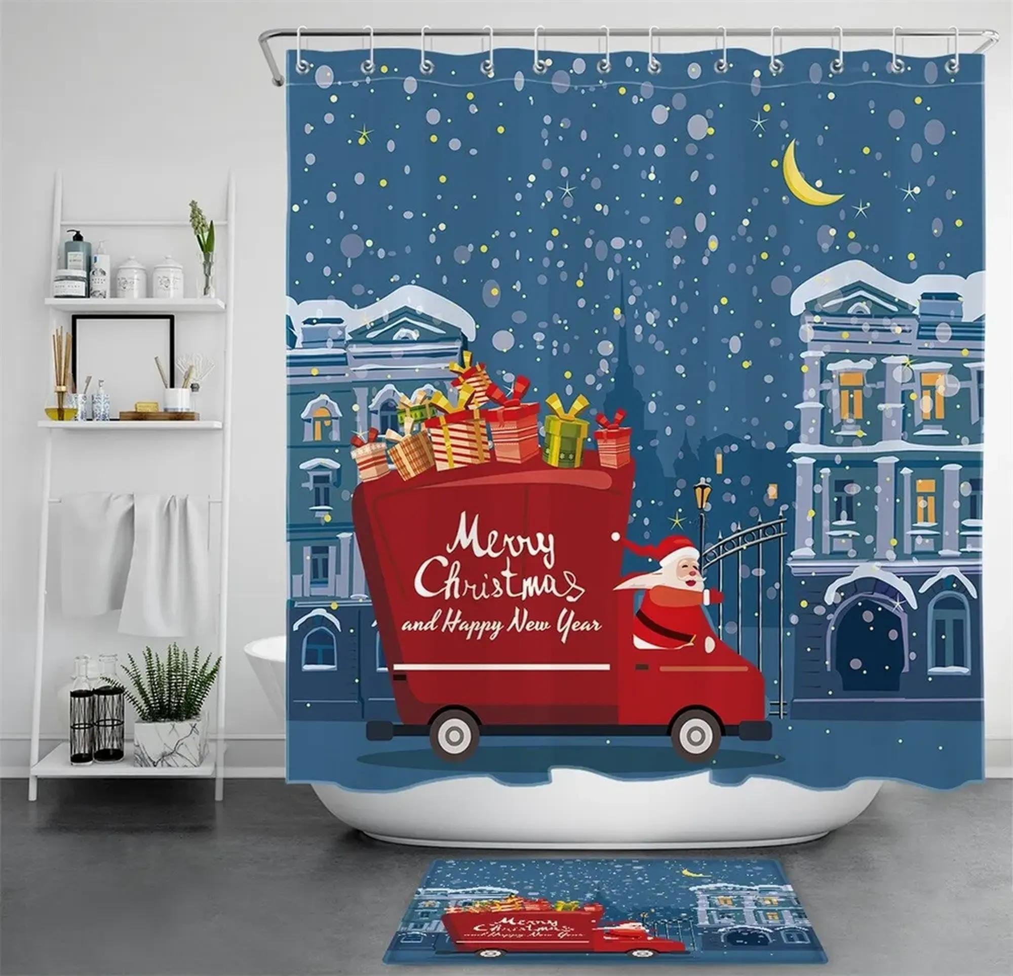 Santa's Festive Christmas Truck Shower Curtain Set Transform Your Bathroom into a Winter