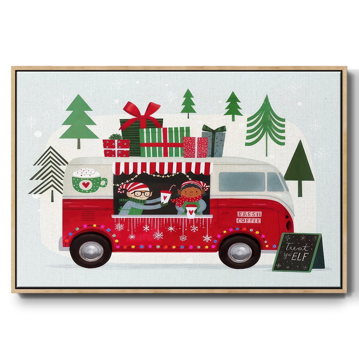 Santa's Foodtruck Collection A - Framed Gallery Wrapped Holiday Canvas - 17 x 25 - Natural Wood Frame