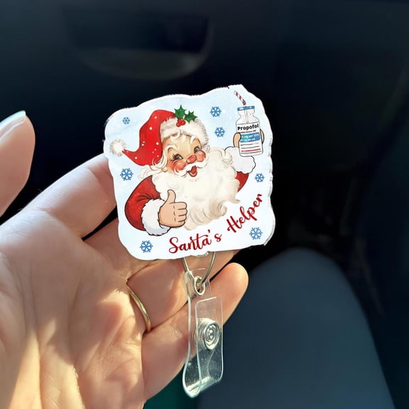 Santas Helper Propofol Christmas Badge Reel, Funny Anesthesia Badge Holder for CRNA Anesthesiologist OR Nurse, Holiday Medical Gift