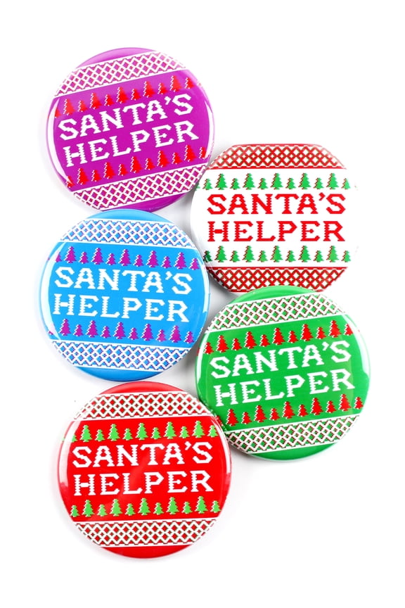 Santa's Helper Ugly Sweater Christmas Holiday Pinback Buttons - 2.25 Inch Round - 5 Pack