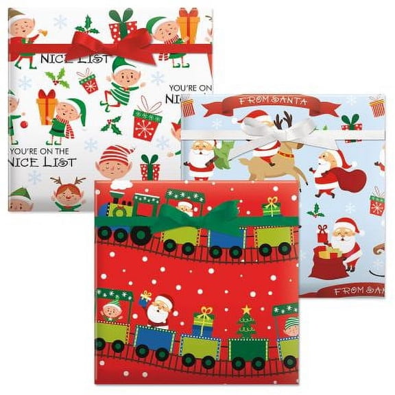 Santa’s Helpers Flat Christmas Gift Wrap Sheets - Set of 3 Sheets Holiday Wrapping Paper, 22 by 34 Inch Sheets, Easy Storage