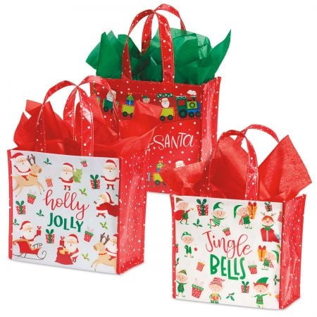 Santa's Helpers Shopping Totes - Set of 3, 9 x 9.5 Inch Reusable Bags, Christmas