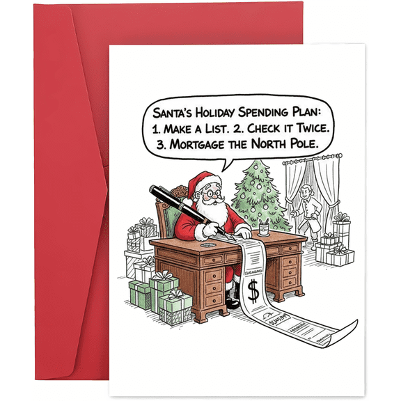 Santa's Holiday Spending Plan Card Funny Christmas Greeting Card with Hilarious Cartoon Design Envelope Included, Blank Inside Perfect for Holiday Wishes and Humor