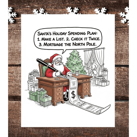 Santa's Holiday Spending Plan Card Humorous Christmas Greeting Card with Cartoon Santa Perfect for Holiday Wishes and Laughter