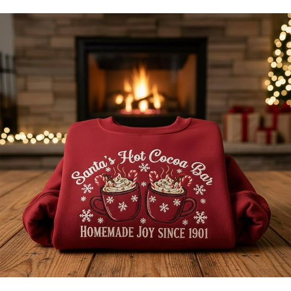Santa’s Hot Cocoa Bar Embroidered Christmas Sweatshirt, Cozy Holiday Cafe Sweater, Vintage Red Winter Pullover, Festive Gift Top