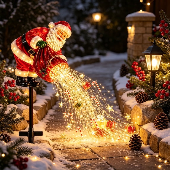 Santa’s Magic Pour– Flowing LED Christmas Garden Light, Santa Christmas Cascade Solar Yard Light, Solar Stake, Flowing Light Display for Yard, Patio, Lawn, Walkway and Christmas Party