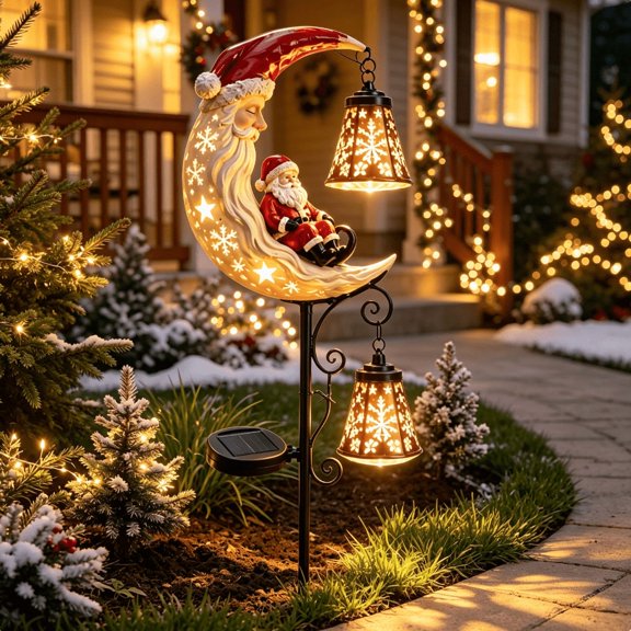 Santa’s Moonlight Lantern Solar Garden Stake, Christmas Outdoor Solar Pathway Light, Moon Santa Sculpture with Projecting Snowflake Pattern for Yard Lawn Decor