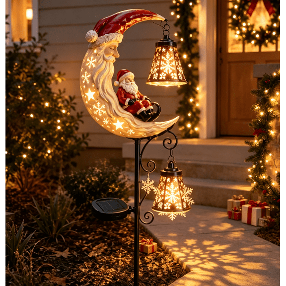 Santas Moonlight Lantern Solar Garden Stake, Christmas Outdoor Solar Pathway Light, Moon Santa Sculpture with Projecting Snowflake Pattern for Yard Lawn Decor