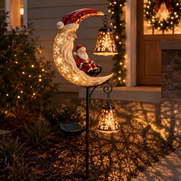 Santa’s Moonlight Lantern Solar Garden Stake, Christmas Yard Stakes Outdoor Holiday Pathway Lights, Moon & Santa LED Landscape Light for Xmas Garden Decor