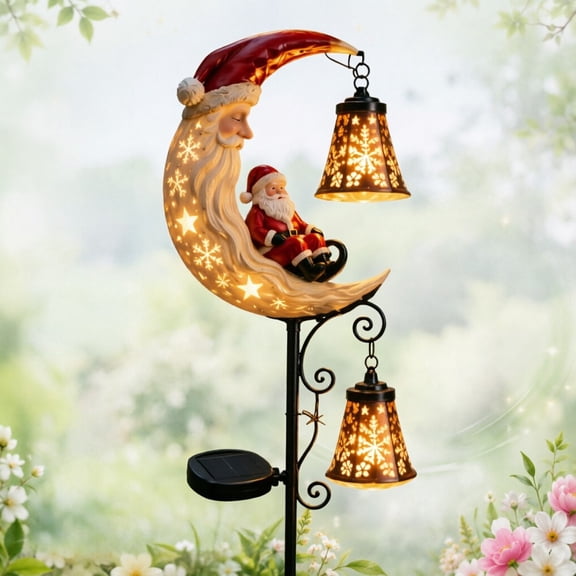 Santa’s Moonlight Lantern Solar Garden Stake with Large 7x6 Inch Design, Waterproof Outdoor Solar Lanterns for Garden Decor, Christmas Moon Decor for Patio Lawn Pathway