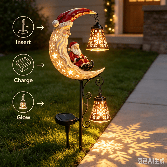 Santas Moonlight Lantern Solar Garden Stake Outdoor Christmas Decor Solar Garden Lights, Santa Claus Moon Stake with Projection Lanterns, Holiday Yard Art Pathway Markers Decor