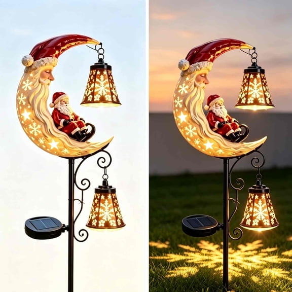 Santas Moonlight Lantern Solar Garden Stake, Outdoor Christmas Pathway Light with Warm Golden Snowflake Projection, Magical Solar Landscape Light for Holiday Yard Decor