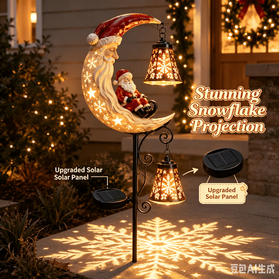 Santas Moonlight Lantern Solar Garden Stake Solar Powered Christmas Lights Outdoor, Solar Lighted Santa Moon Garden Stake, Waterproof LED Landscape Decoration Yard