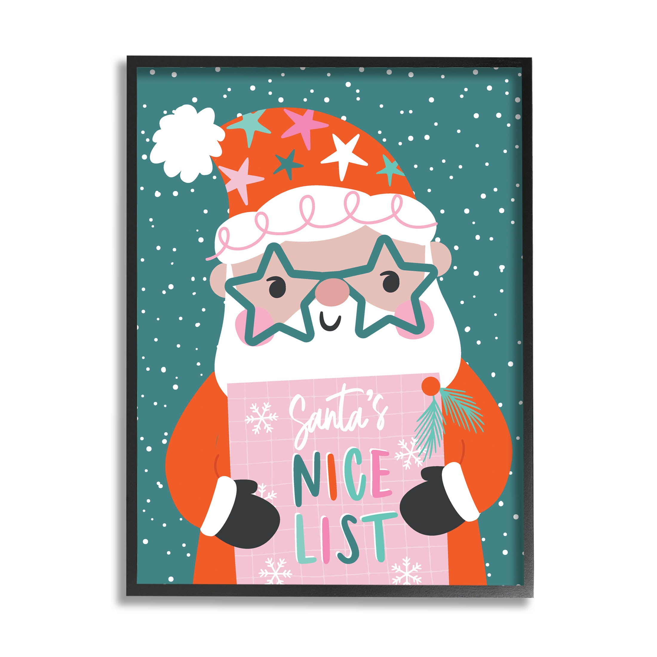 Santa's Nice List Falling Snow Holiday Graphic Art Black Framed Art Print Wall Art