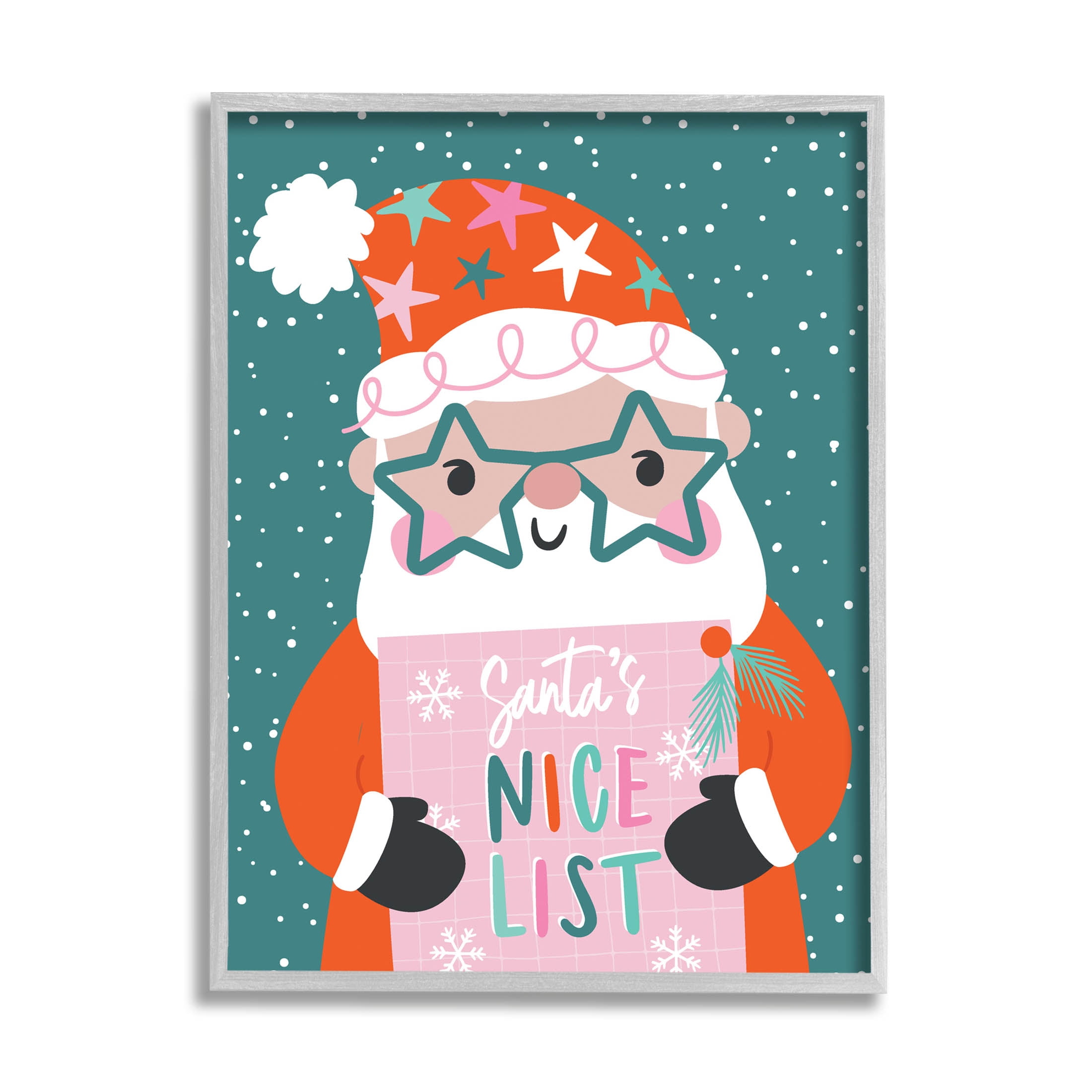 Santa's Nice List Falling Snow Holiday Graphic Art Gray Framed Art Print Wall Art
